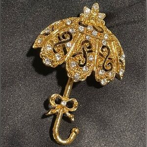 1928 Company Gold-Tone Rhinestone Crystal Umbrella Brooch Pin
